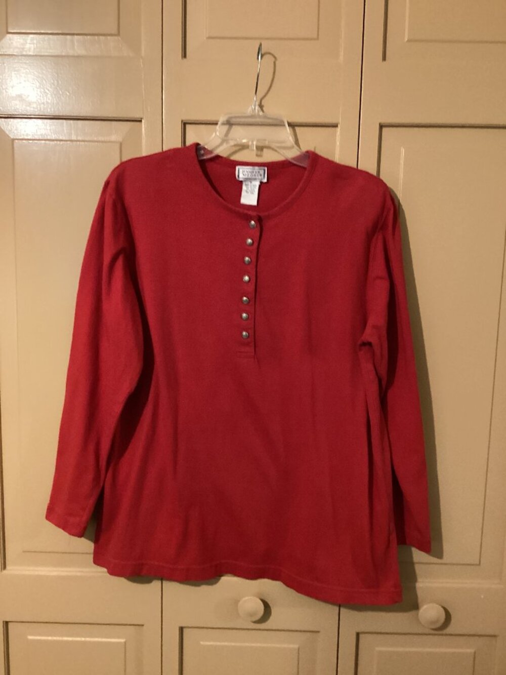 Jennifer Moore Size Medium, Henley Style Red Long Sleeve Top. 100% Cotton.